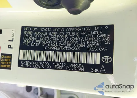 2019 Toyota Corolla Se из США, поврежденный, VIN JTNK4RBE8K3039345